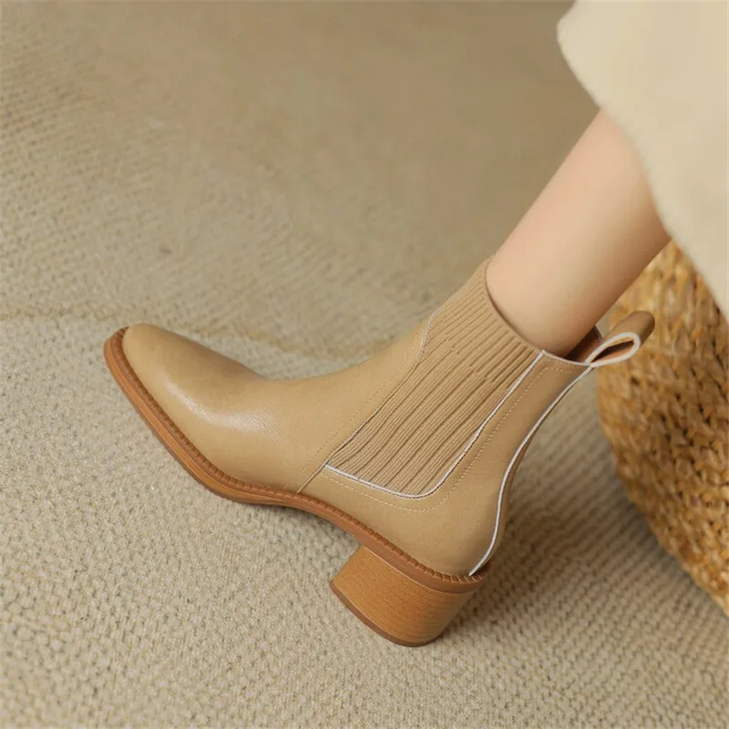 New Spring Autumn Split Leather Women Shoes Pointed Toe Short Boots for Women Chunky Heel High Heel Boots Versatile Ladies Shoes