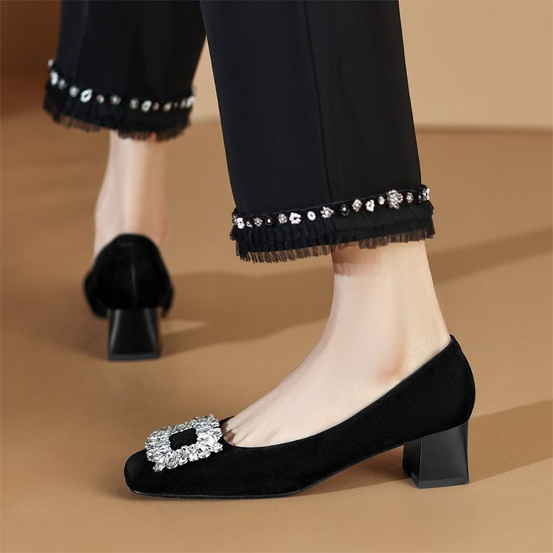 Plus Size 41 Women Pumps Square Toe Boat Shoes Faux Suede Rhinestone High Heels Dress Shoes Black Basic Pump Zapatos Mujer 1308N