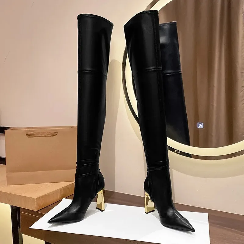 Elegant Black 9cm High-heeled Winding Tape Over Knee Autumn Winter Fashion Design S Pointed Spicy Girl Slim Long Boots