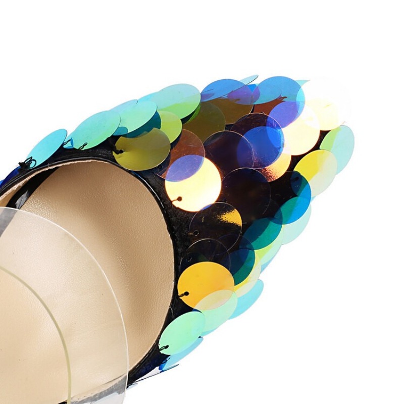New Pointed Large Sequin Outdoor Summer Slippers Women's Summer Nightclub Spicy Girl Punk Style Roman Shiny Sandals Size 32-43