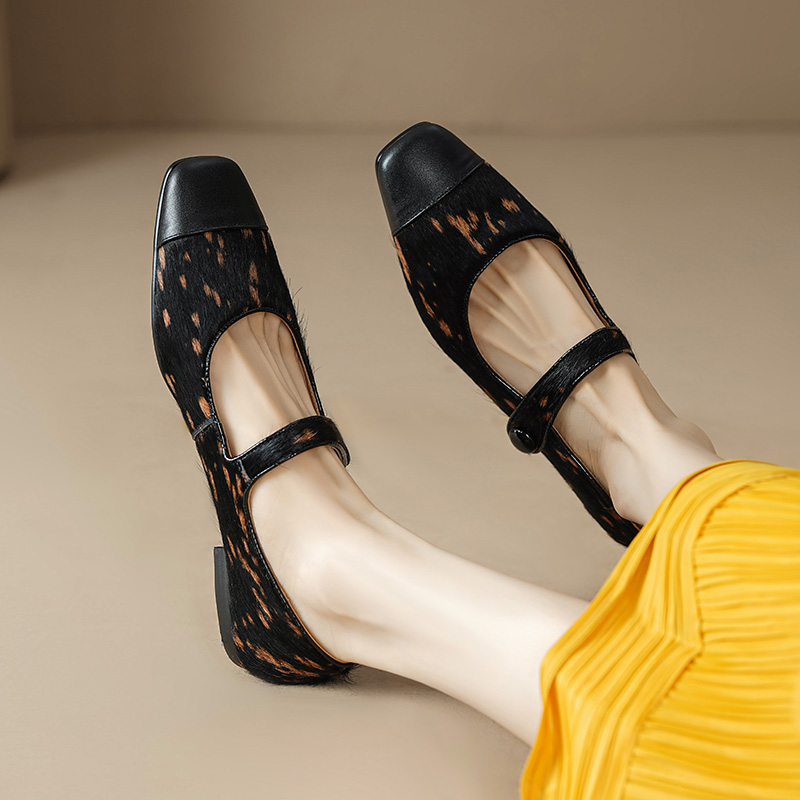 2025 new NEW Spring/Autumn Pumps Square Toe Chunky Horsehair Leopard Women Shoes Concise Low Heel Buckle Mary Janes de5c