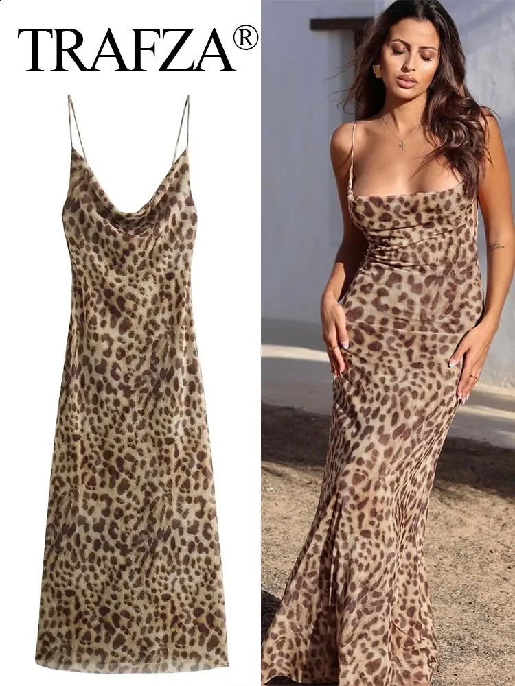 TRAFZA 2024 Summer Woman Dress Leopard Print Sleeveless Vintage Slim Long Dresses Sexy Backless Female Spaghetti Strap 240913