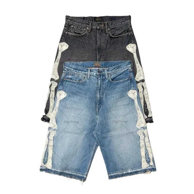 2024 European and American Summer Retro Skeleton Denim Shorts Sports Casual Shorts New Couple Wear Street Wear Five-Fifth PantsX240914