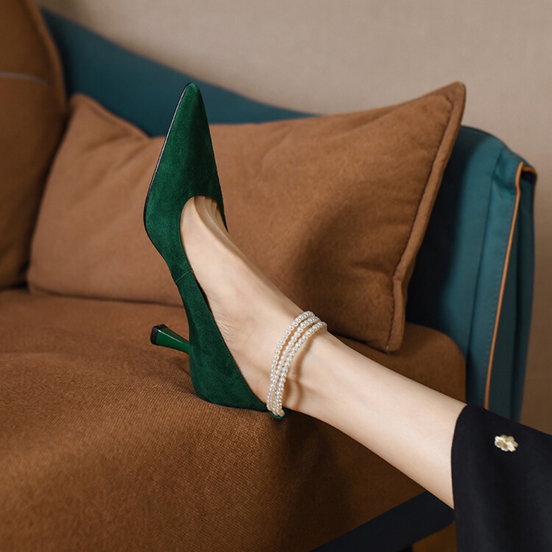Spring NEW Pointed Toe Thin Heel Women Pumps Sheep Suede High Elegant Women's Stiletto Heels Pearl Party Shoes 8bec 's s