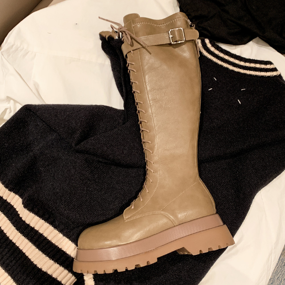 women's danxuefei genuine leather lace-up thick sole platform flats autumn knee high casual punk knight boots back zip hot 3683