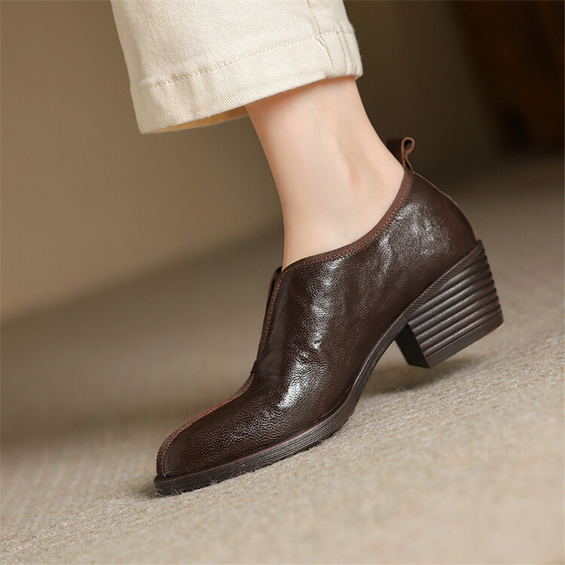 New Autumn Genuine Leather Women Shoes Fashion Round Toe Shoes for Women Chunky Heel Shoes High Heel Women Pumps Zapatos Mujer
