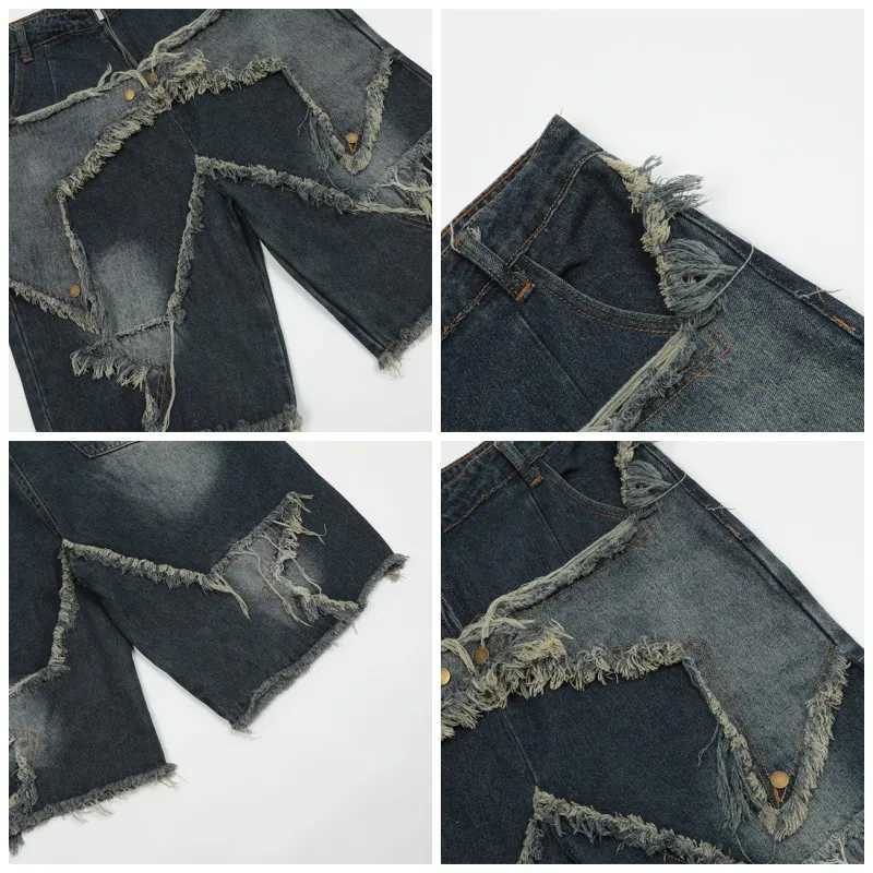 Harajuku Vintage Functional Embroidered Star Pattern Denim Shorts Mens Oversized Sunny Bermuda Casual Shorts College Pants Y2KX240914