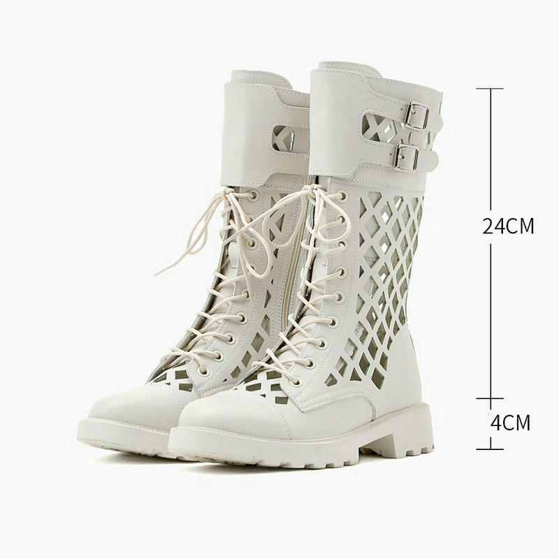 New 2024 Fashion Women Chunky Platform Ankle Black White Summer Hollow Out Breathable Cowhide Leather Zipper Middle Boots 39fd - view 7
