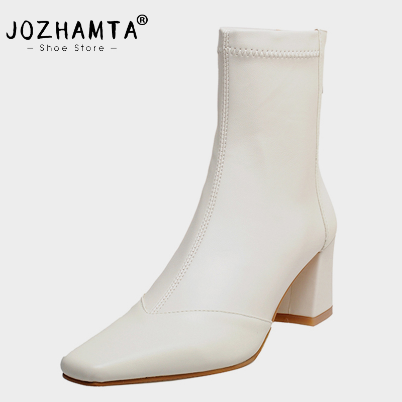 JOZHAMTA Size 34-39 Women Ankle Real Leather Sexy High Heels Shoes Woman Winter Fashion Chunky Booties Retro Elastic Boots