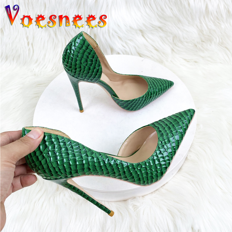12CM Embossing Single Shoes Sexy Pointed Toe Women Evening Party Dress High Heels New Summer Office Green Slip On Stiletto Pumps