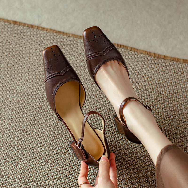 Genuine Leather Women Sandals Summer Women Shoes Cover Toe Chunky Heel Shoes for Women Retro Hollow High Heels Handmade Shoes