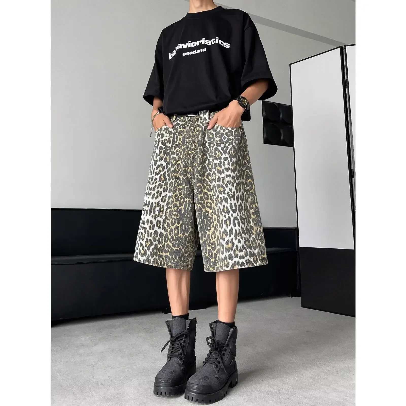 Urban Fashion Jeans Seven Point Shorts Summer Washing Leopard Print Loose Fit Casual Pants Trendy City StyleX240914