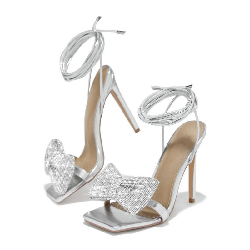 2024 New Fashion High-heeled Cross Strap Ttiletto Sandals Rhine-drill Bow Square Head Stiletto Women's S