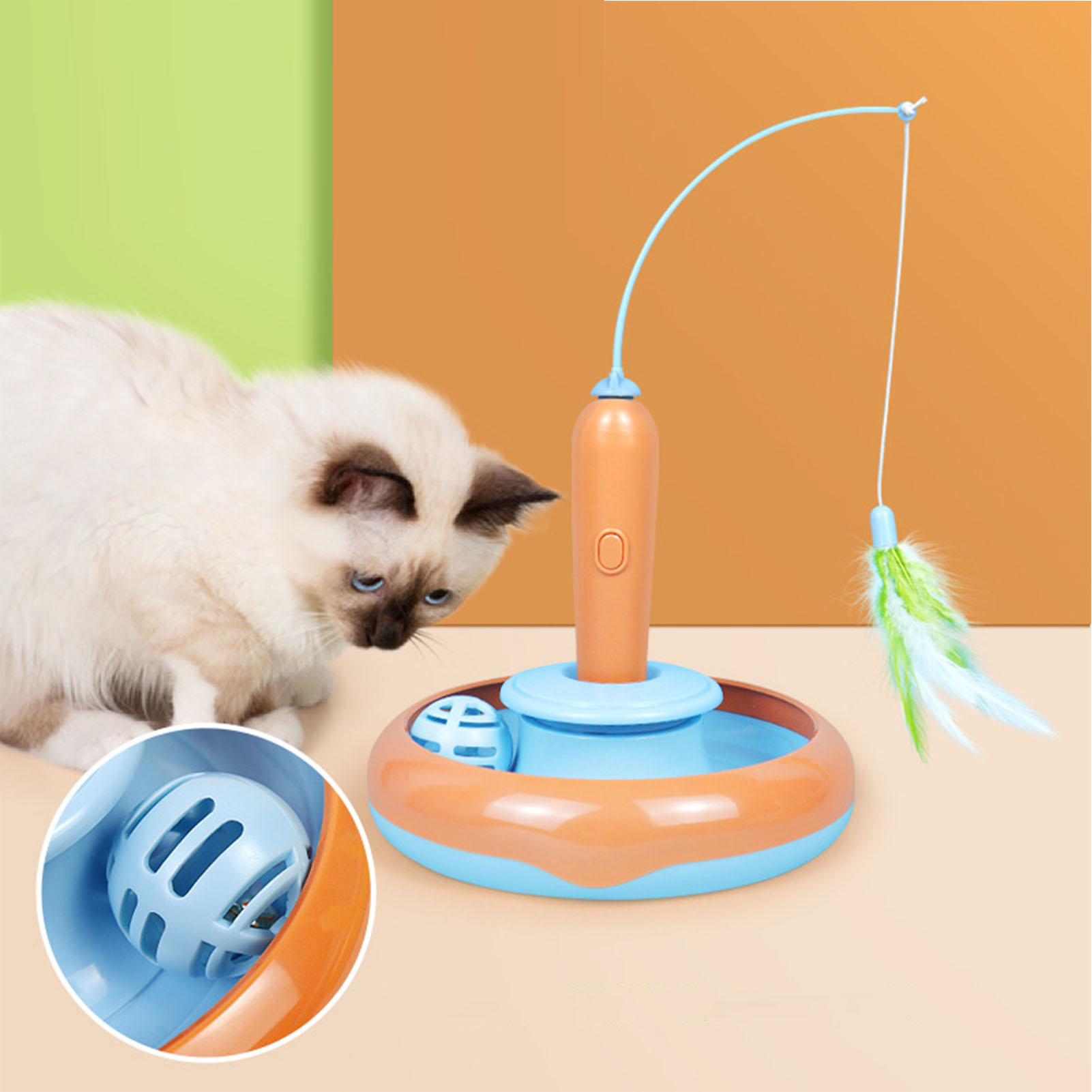 Cat Feather Toy Automatic 360 Degrees Rotating Bell Ball Stable Base Standing Cat Teaser For Family Indoor