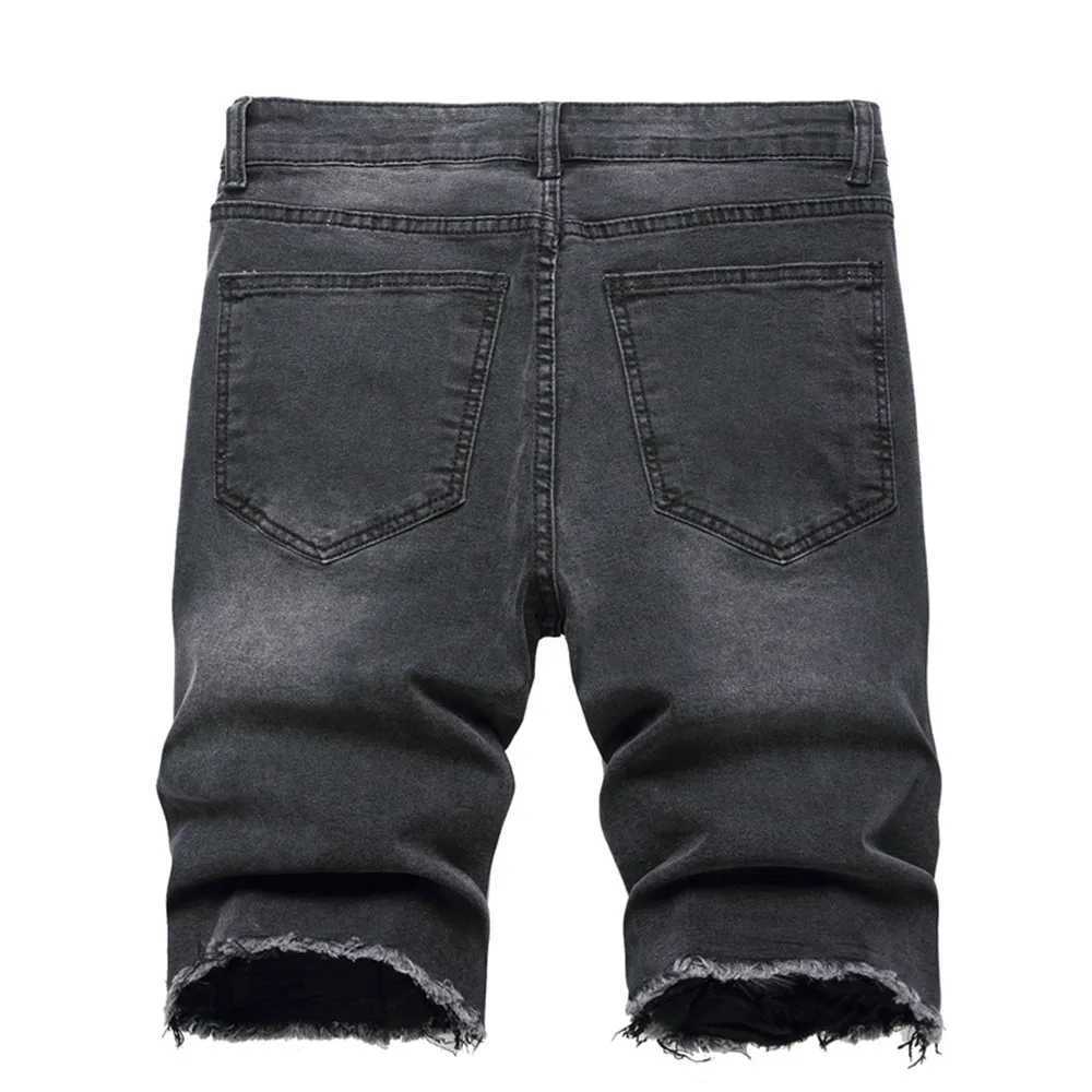Men Summer Holes Five-point Pants Street Stylish Slim Male Distressed Solid Straight Beach Denim ShortsX240914