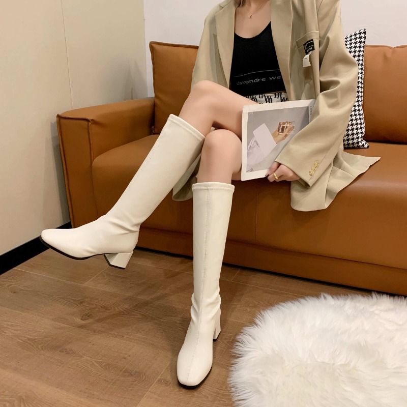 Women's Boots Soft Pu Leather High-heeled Knee Ins Tide 2024 Autumn Spring Winter Warm Snow New British Style Thick-heeled Shoes