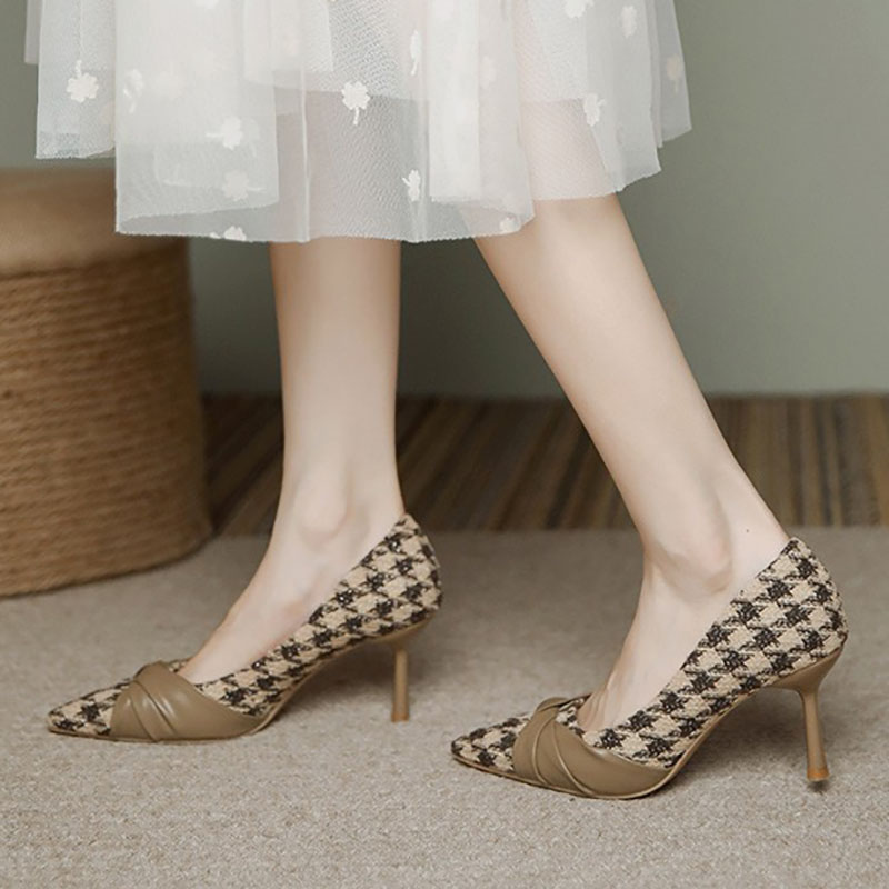 Women Costume Tweed Pumps Pointed Toe High Heels Plaid Suide Designer Shoes Pleated Boat Shoes escarpins femme Dress Shoes 1109N