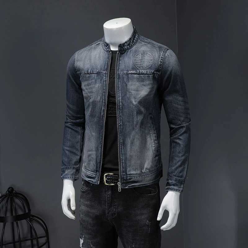 New vertical collar blue denim jacket mens slim fit motorcycle style casual outdoor top W240914
