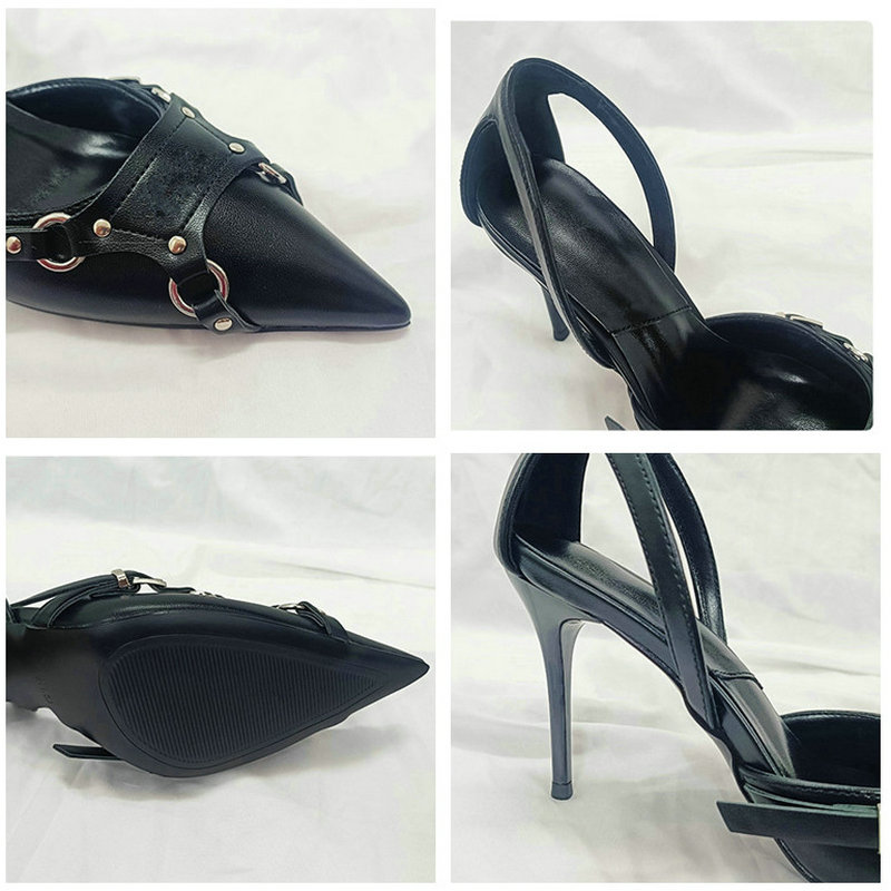 2024 European New Sandals Black High Heels Niche Design Sense Belt Buckle Baotou Thin Heel Pointed Single Shoes Female Pumps