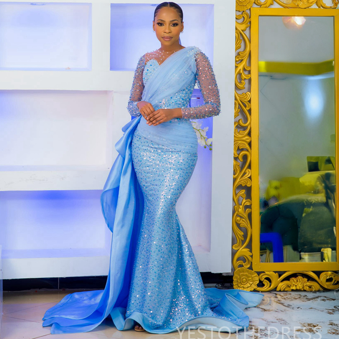 R&W 2024 Aso Ebi Prom Evening Dresses Mermaid Illusion Formal Gown Sheer Neck Beaded Sequined Lace Birthday Dress Abendkleider Vestido De Sorrie AM132