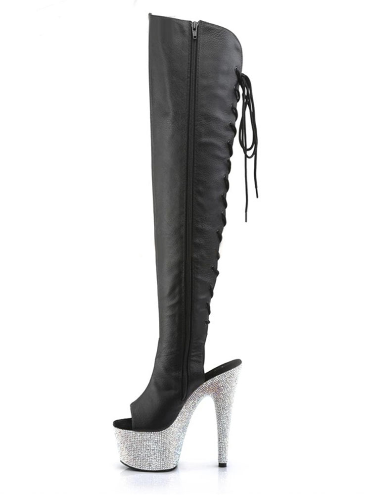Crossdress Sexy 17cm Over The Knee Boots Platform Gothic Pole Dance Stripper Heels Peep Toe Lace Up Exotic Women Shoes Fashion