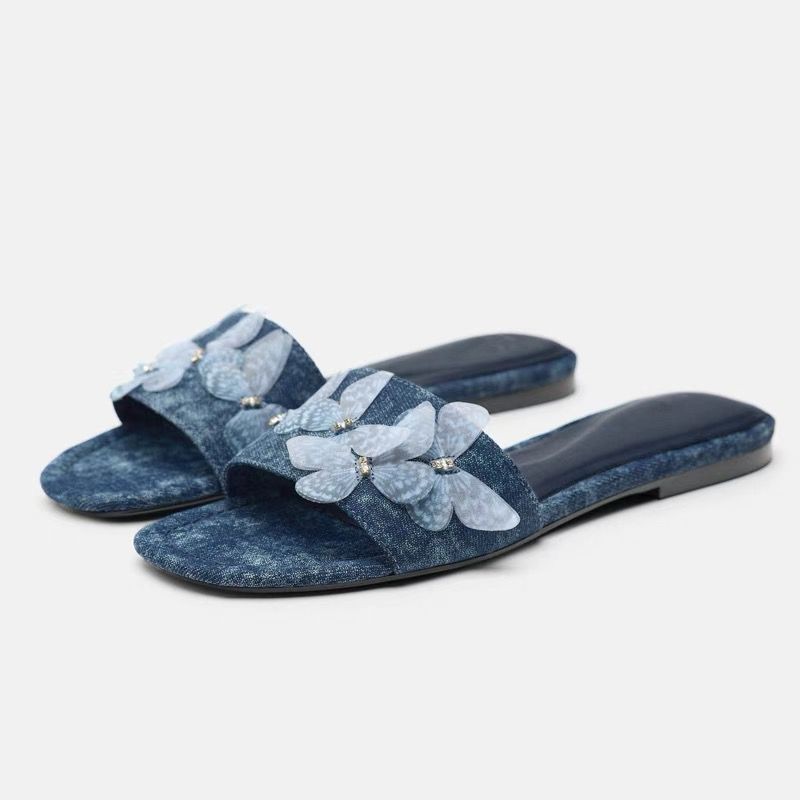 2024 Summer Flat Butterfly Decoration Slippers for Women's Fashion Denim Retro Flip ps Casual Beach Shoes Outdoor Slides