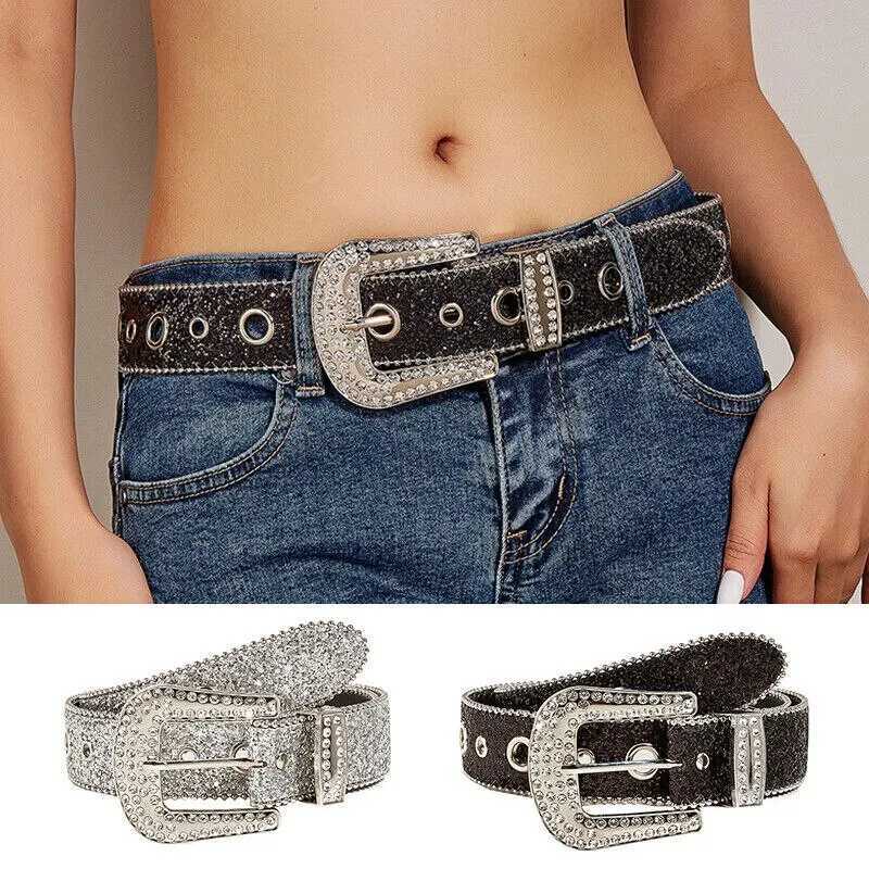 Gothic Black Silver Metal Buckle Rhinestone Belt Body Four Seasons Y2K Style Womens Jeans BeltX240914