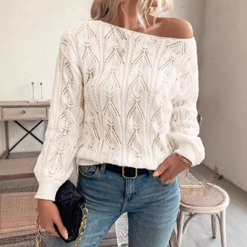 dongdumaoyi New women's knitted sweater fashionable pullover round neck long sleeved hollow solid color sweater top F0914#40