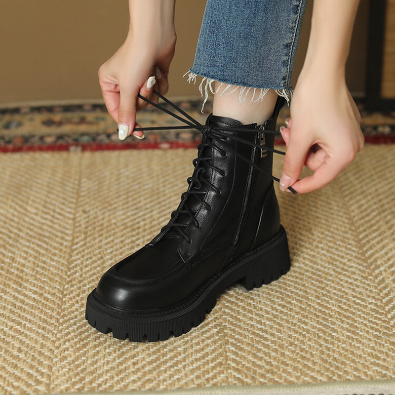 Ankle Winter Round Toe Chunky Genuine leather for Women Wool Warm Black Snow Boots Platform Shoes eefd Platm