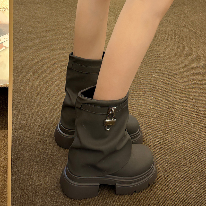 Boots Lolita Female Shoes Round Toe Ladies Rock High Heel Autumn Rubber Ankle Med Rome PU Cotton Fabric Basic Slip-On Solid Lac b251