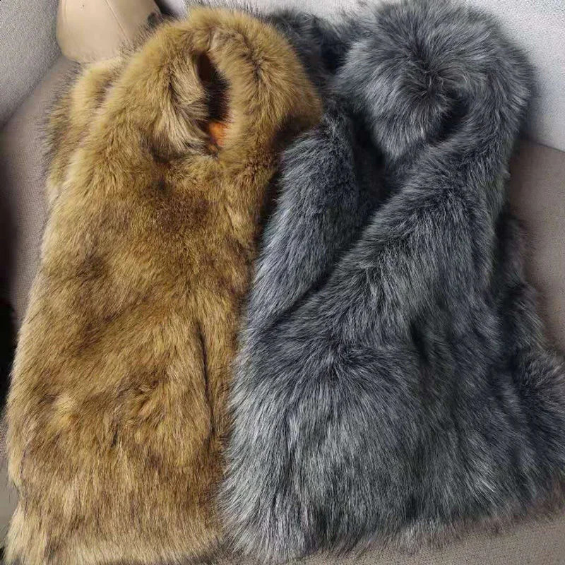 Winter Fur Vest For Men Warm Fashion Casual Loose Short Gilet Waistcoat Coat Fox Hair Sleeveless Jackets Man 240905