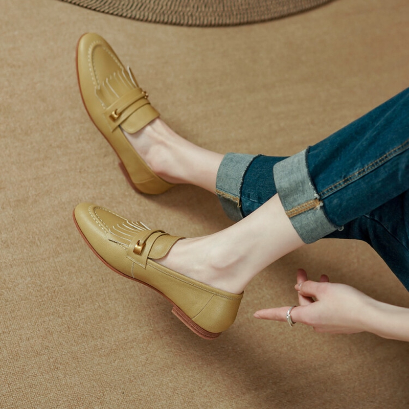 2023 Spring Women Loafers Genuine Leather Shoes for Women Round Toe Chunky Heel Shoes Tassel Low Heel Women Pumps Female Shoes