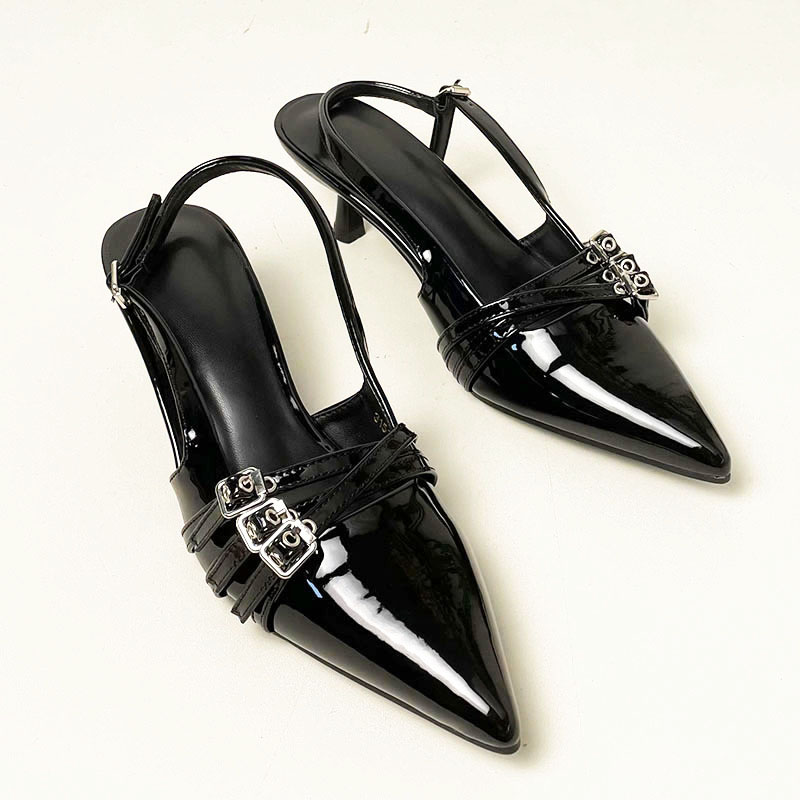 2025 new Fashion Black Shallow Designer Pumps Women Medium Female Pointed Toe Footwear Buckle Ladies Thin Heels Shoes Sandals 210d