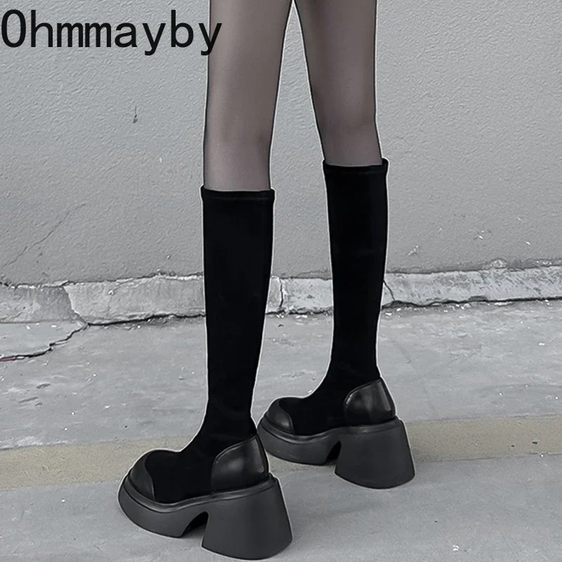 Women Platform Knee High Fashion Slip On Knight Long Boots Square Heels Autumn Winter Ladies Shoes 3384