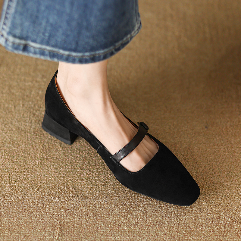 2025 new Spring Pumps for Women Square Toe Chunky Heel Suede Casual Slip-on Shallow Shoes Ladies Retro Low Heels 9d4d