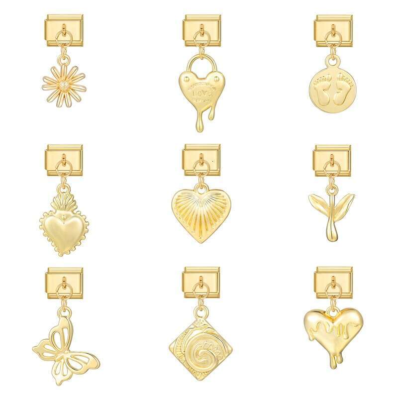 New Women's Gift Gold plated flower butterfly Pendant Italian Charms Links Bangle Beads Fit 9mm Stainless Steel Bracelet Making DIY For Women Fas