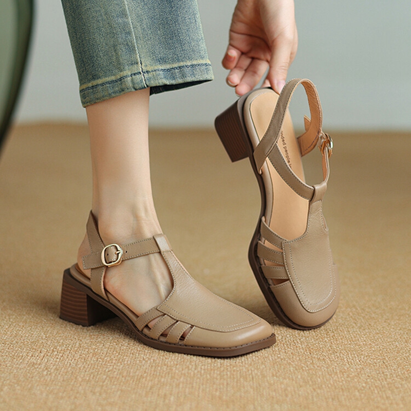 Summer NEW Genuine Leather for Women Cover Sgback Shoes Round Toe New Chunky Heel Designer Ladies Sandals 9095