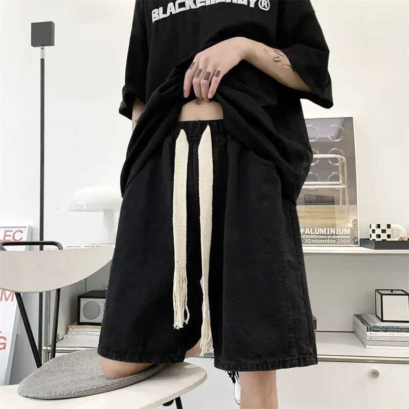 Wide Leg Baggy Denim Shorts Men Summer Thin Solid Color Casual Loose Simple Knee-length 5 Point Pants Drawstring Straight ShortsX240914