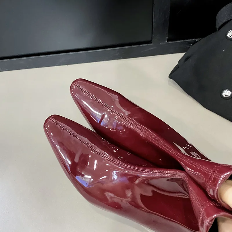 Eilyken Women Ankle Boots Fashion Patent Leather Pointed Toe Wedges High Heels Zipper Shoes Botas De Mujer 5940