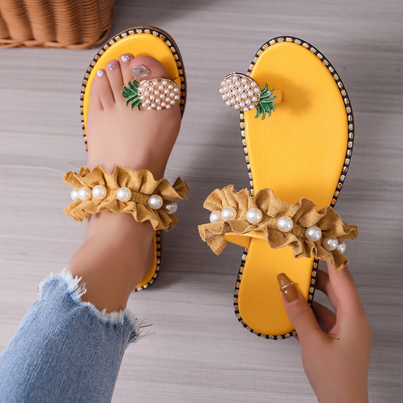 2024 Summer New Fashion Women's Slippers Solid Pearl Designer Shoes for Women Open Toe Flat Outdoor Beach Slides Plus Size 43