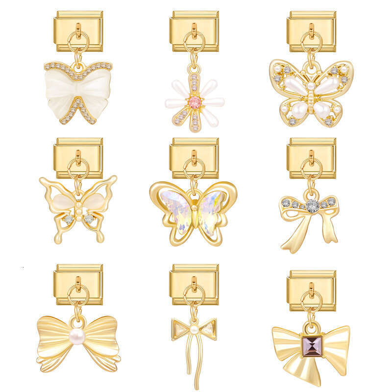 New Women's Gift Gold plated Bow Pendant Italian Charms Links Bangle Beads Fit 9mm Stainless Steel Bracelet Making DIY For Women Fashion Jewelry