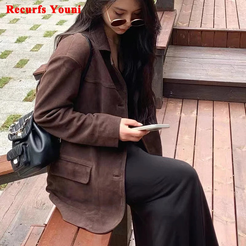 Retro Panther Caramel Suede Womens Jacket Loose Set High end Leather Medium length 240906