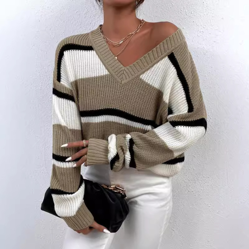 dongdumaoyi Women's pullover sweater autumn and winter new V-neck contrasting splicing loose and fashionable sweater F0914#41