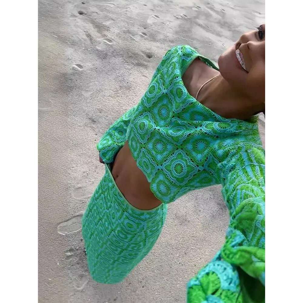 Holiday Crochet Hollow Out Women Midi Skirt 2 Piece Set Elegant Flare Long Sleeve Crop Top Suit Lady Vacation Beachwear