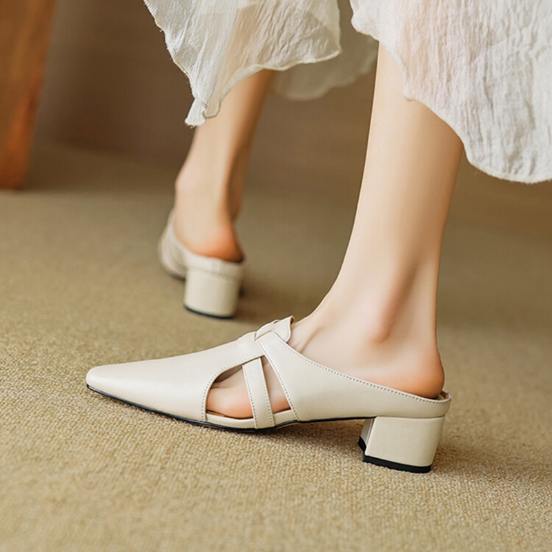 NEW Summer Women Mules Split Leather Shoes for Women Cover Toe Chunky Heel Slippers Concise Square Toe Handmade Modern Sandals