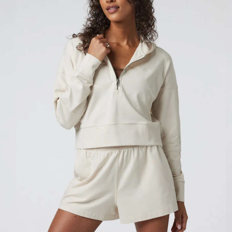 New Half Zipper Short Hoodie Loose Long Sleeve Sportswear Fitness Shorts Casual Sports Set
