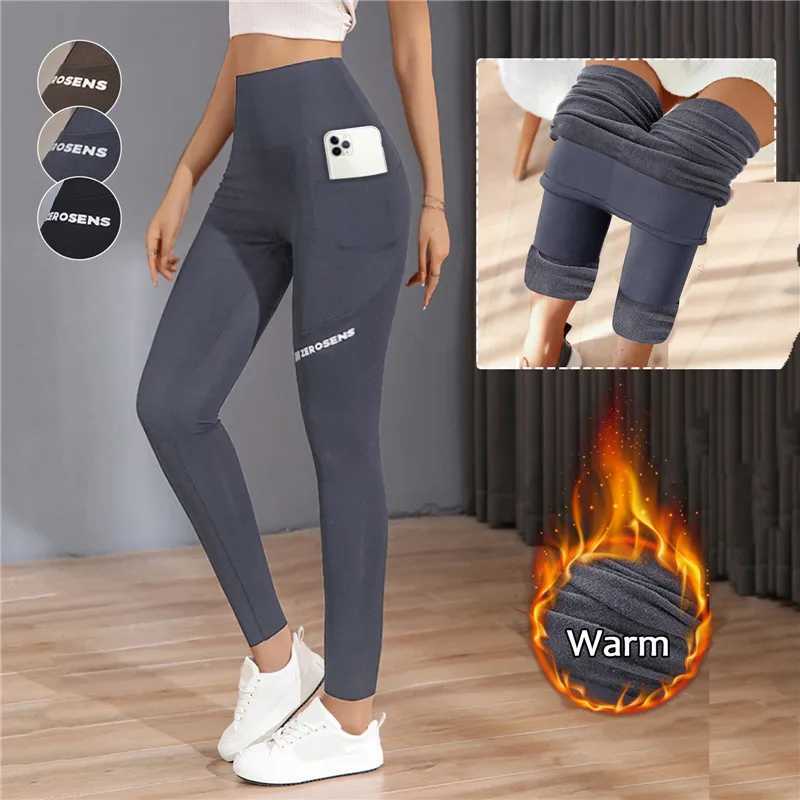 Autumn Winter Warm Leggings Women Thermal Sports Tightsthicken Fleece Gym Workout Pants Yoga Trousers with Pocket Fitness WearX240914