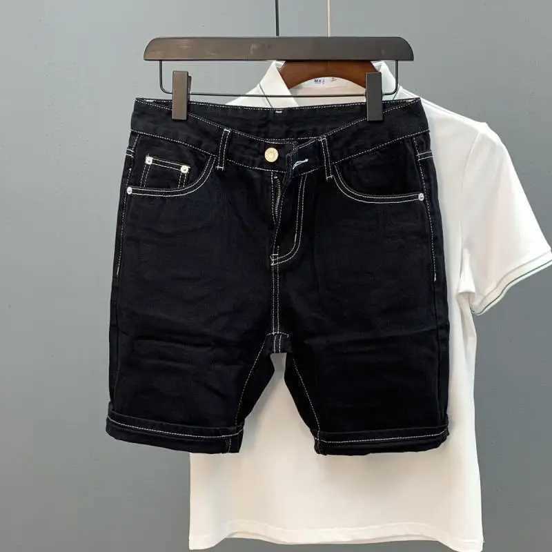 Fashion luxury Mens Knee Length Denim Shorts Summer 2024 Black Unique Line and Color Blocking Design cowboy short pants for menX240914
