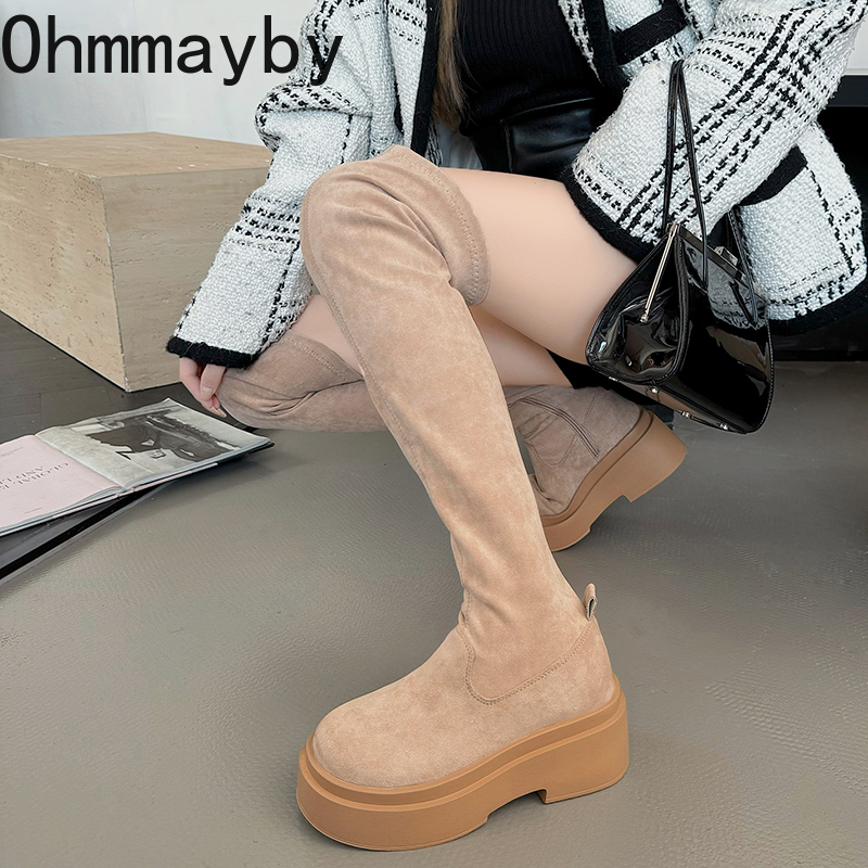 Women Chunky Over The Knee High Boots Fashion Slip On Stretch Long Booties Autumn Winter Platfrom Flats Ladies Shoes 6b7a