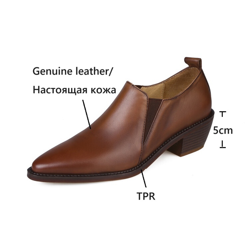 Spring/Autumn NEW Pumps Genuine Leather for Women Pointed Toe Chunky New Heel Casual Black Slip-on Handmade Shoes ed5c